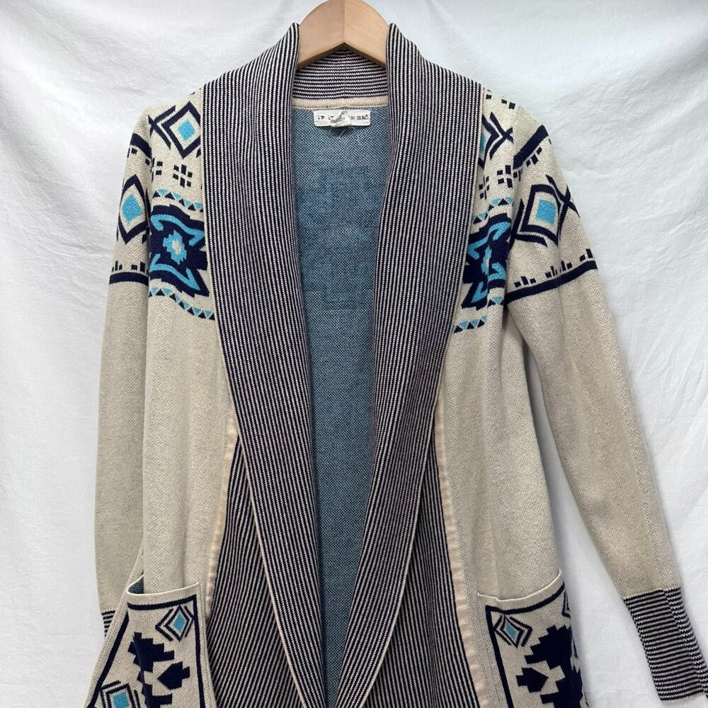 If It Were Me Open Cardigan Sweater Womens Size S Cream Blue Aztec 100% Cotton